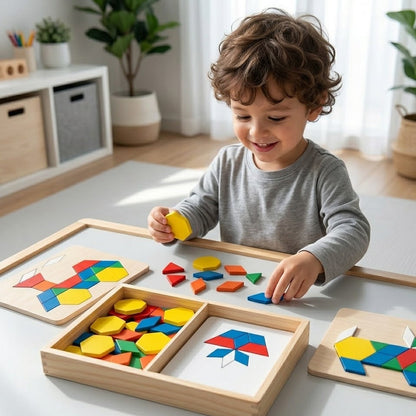 Lumazilo Montessori Wooden Pattern Blocks Set – Geometric Shape Puzzle & Color Recognition Toy, Creative STEM Learning Kit for Toddlers & Preschoolers
