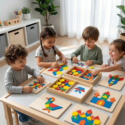 Lumazilo Montessori Wooden Pattern Blocks Set – Geometric Shape Puzzle & Color Recognition Toy, Creative STEM Learning Kit for Toddlers & Preschoolers