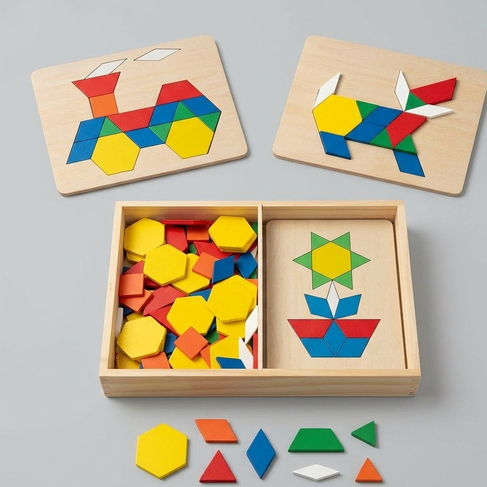 Lumazilo Montessori Wooden Pattern Blocks Set – Geometric Shape Puzzle & Color Recognition Toy, Creative STEM Learning Kit for Toddlers & Preschoolers